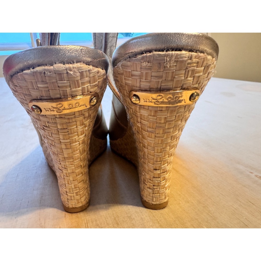 Lilly Pulitzer Kristin Wedge 8.5 Sandals Gold Metallic Leather Slingback OpenToe - Picture 14 of 15